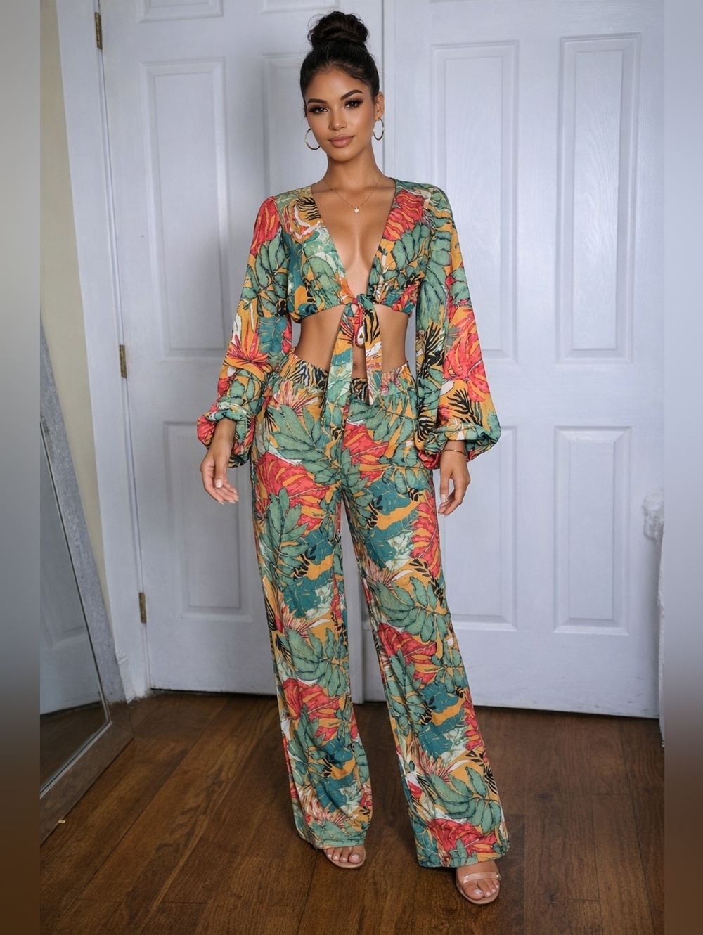 Pretty Little Thing Tropical 2 Piece Set Crop Top & Wide Leg Pants S 10